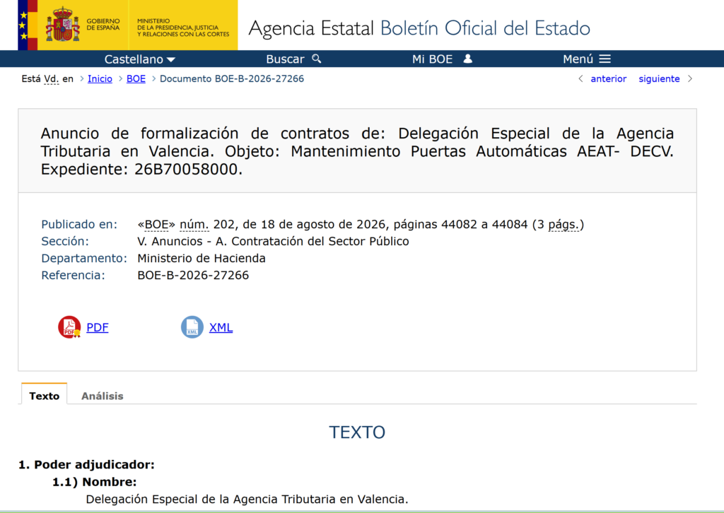 La AEAT contrata el mantenimiento de sus puertas automáticas en Valencia