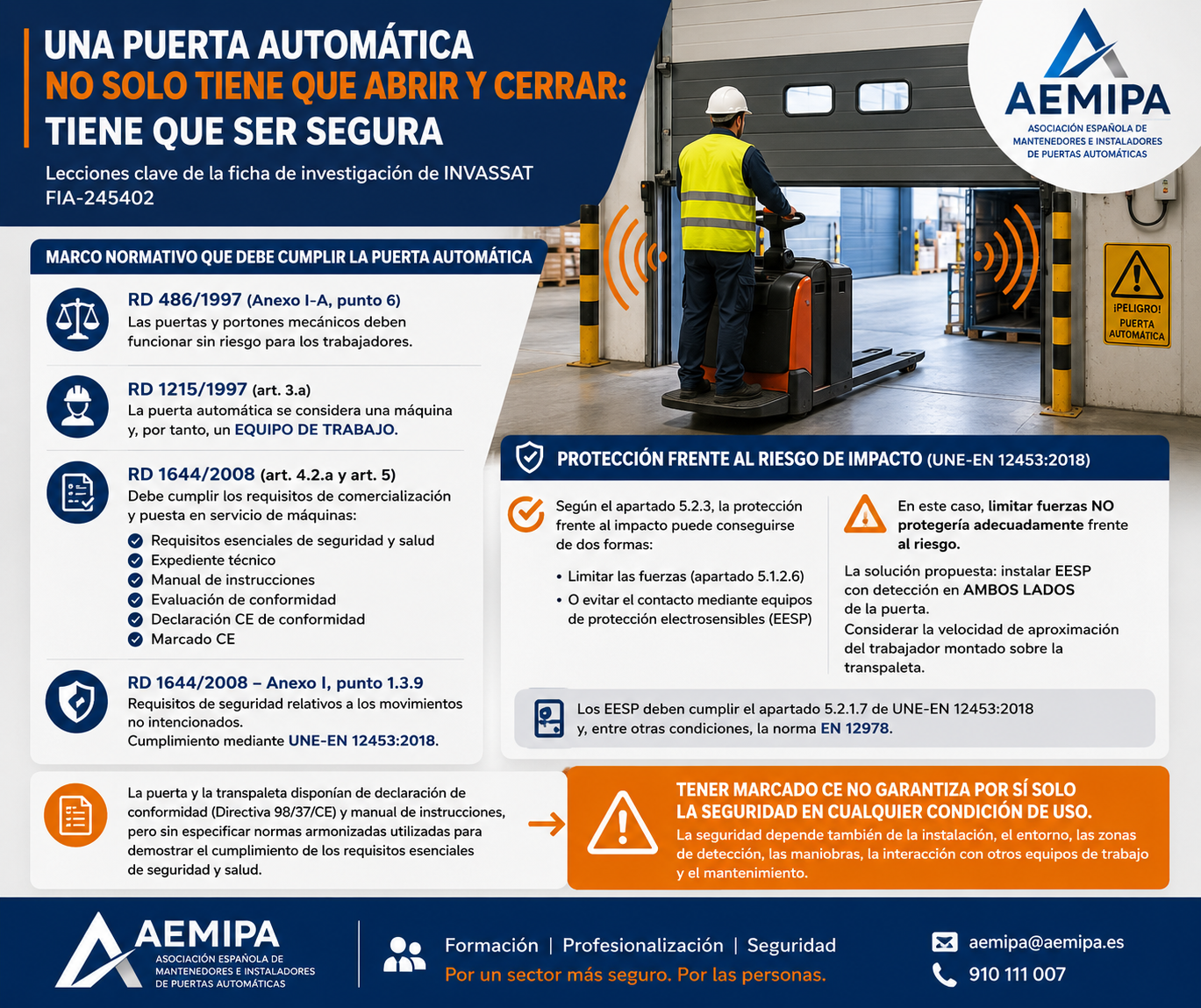 Accidente grave por atrapamiento de trabajador entre transpaleta eléctrica automotora de conductor montado y puerta automática